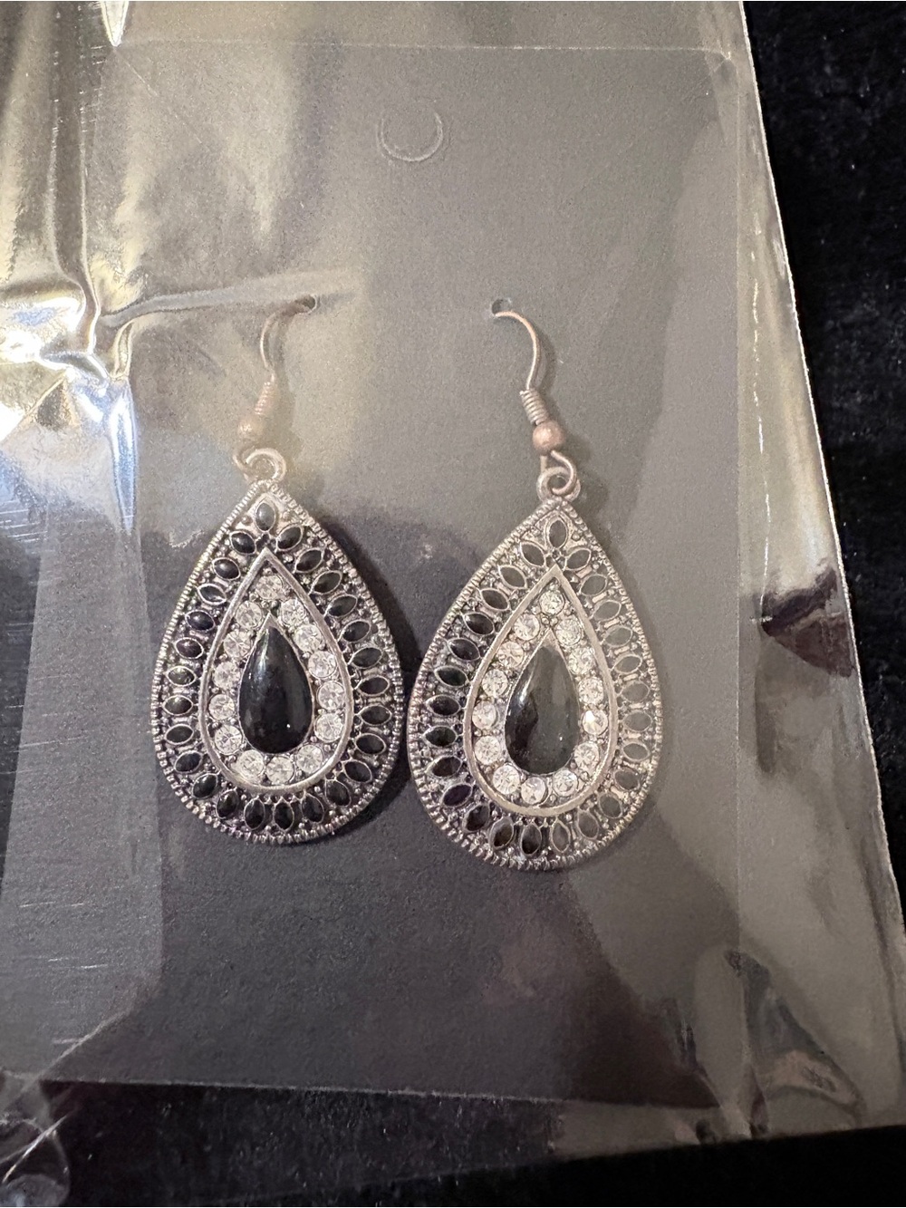 Silver Teardrop Dangle Earrings with Black Stones